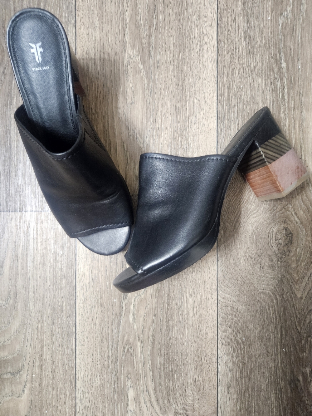Frye Black Leather Open-Toe Mule with Multicolor Striped Block Heel